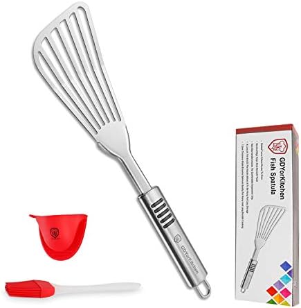 Stainless Steel Fish Spatula with 1.2mm Thick Blade - Multipurpose Turner for Fish, Eggs, Meat, and Dumplings - Perfect for Grilling, Frying, and More - Bonus Silicone Brush and Oven Mitt - Set of 1