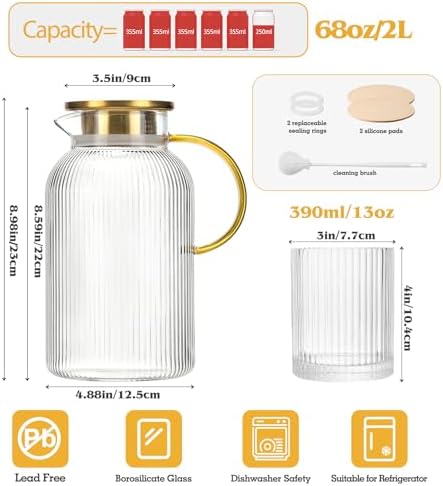 2 Pack 2 Liter/68oz Glass Pitchers With Handle and Lid and 2 Cups, Stripes