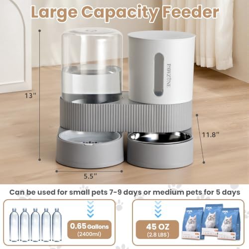 2 Pack Automatic Cat Feeder Stainless Steel Water Dispenser Gravity Food Feeder and Waterer Set with Pet Food Bowl for Small Medium Kitten Puppy Pets Large Capacity(Grey)
