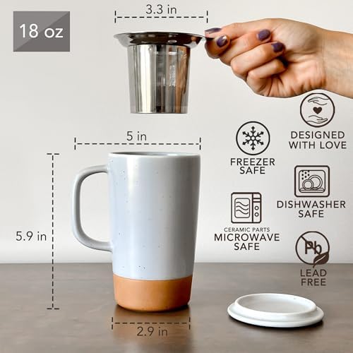 Mora Ceramics Large Tea Mug with Loose Leaf Infuser and Ceramic Lid, 18 oz, Portable, Microwave and Dishwasher Safe, Tall Coffee Cup - Rustic Matte Ceramic Glaze, Modern Herbal Tea Strainer, Sleet