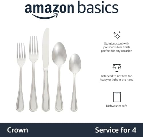 Amazon Basics Silverware Set, Stainless Steel Flatware, Dishwasher Safe, Service for 4, 20-Piece Forks and Spoons, Crown Edge, Everyday Use (Pack of 2)