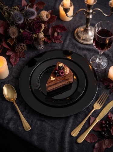 FLOWERCAT 60PCS Black Plastic Plates - Heavy Duty Black Disposable Plates for 30 guests Birthday Party/Wedding/Halloween- Include 30PCS 10.25inch Dinner Plates and 30PCS 7.5inch Dessert Plates