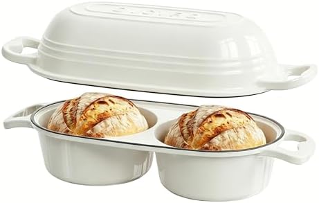 Enameled Cast Iron Double Round Bread Loaf Pot with Lid –Cream White