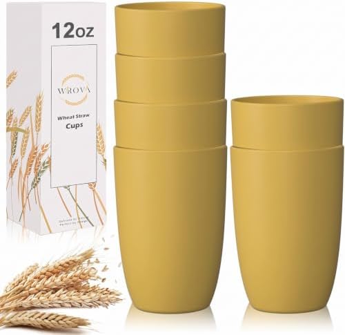 Wrova Wheat Straw Cups 6 PCS Good Alternative to Plastic Reusable Cups 12 oz Unbreakable Drinking Cup Reusable Dishwasher Safe Water Plastic Glasses Yellow