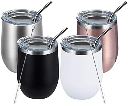 MEWAY 12oz Wine Tumbler Mix Color 4 Pack Bulk Gifts for Women, Vacuum Stainless Steel Travel Mug with Lid,Insulated Stemless Wine Cup Glass for Coffee,Cocktails,Drinks(Mix,Set of 4)