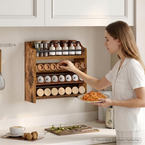 YATINEY Spice Rack, 4 Tier Wall Mount & Countertop Organizer, Industrial Spice Holder, for Kitchen Countertop and Cabinet, Compact and Versatile, Rustic Brown SR07BR