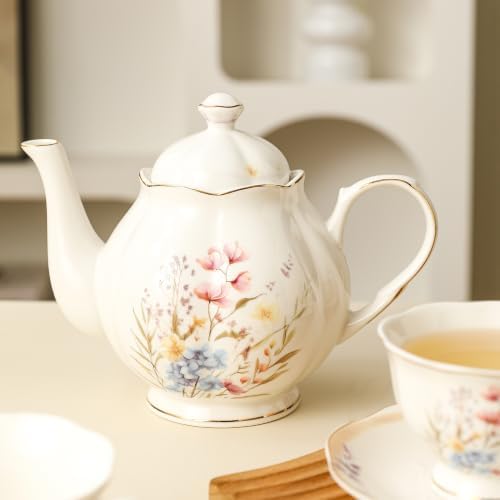 34oz Porcelain Floral Teapot, Classic Tea Gift with Gold Trim