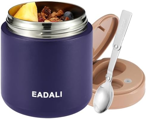 Eadali 15.2oz Kids Food Jar for Hot Food – Vacuum Insulated Lunch Container with 316 Stainless Steel Interior, Leakproof Wide Mouth & Foldable Spoon for School Meals