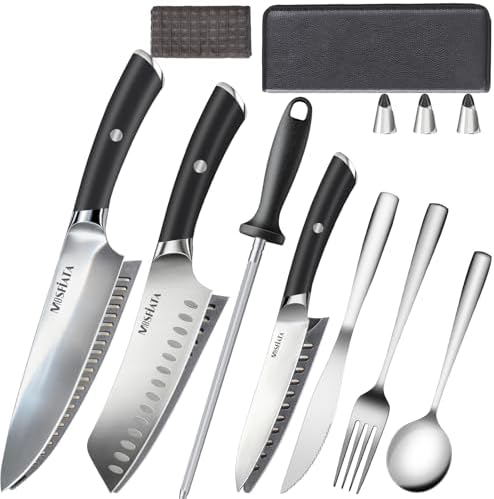 MOSFiATA Kitchen knives set with Carry case Bag,Stainless Steel Chefs Knife Set with Knife Sharpener Rod,Japanese Santoku Knives Set with ABS Handle for Outdoor Travel Camping BBQ