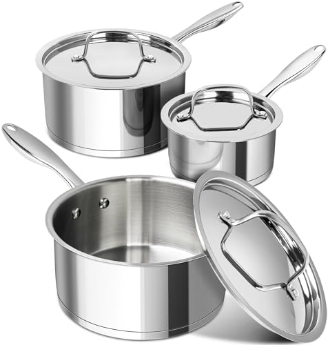 MICHELANGELO Stainless Steel Saucepan Set with Lids, 1QT & 2QT & 3QT Small Sauce Pans, 304 Stainless Steel Sauce Pot Set with Tri-Ply Base, Induction Compatible, Dishwasher Safe, for Milk, Sauce, Soup
