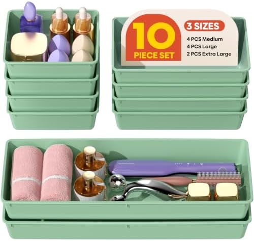 10 Pack Large Size Plastic Drawer Organizers Set, 3 Sizes Desk Drawer Organizer Trays, Storage Bins for Vanity, Makeup, Bathroom, Kitchen Utensils and Office (Green)