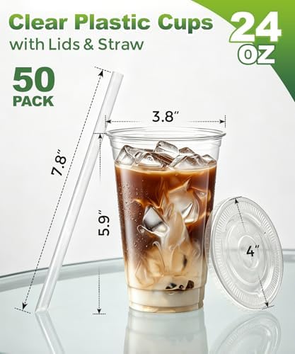 Ginkgo 50 Pack 24 oz Clear Plastic Cups with Lids and Straws