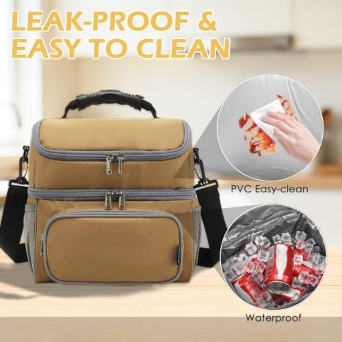 FlowFly Double Layer Cooler Insulated Lunch Bag Adult Lunch Box Large Tote Bag for Men, Women, With Adjustable Strap,Front Pocket and Dual Large Mesh Side Pockets