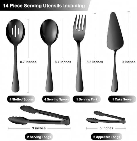 14PCS Serving Utensils - Hostess Serving Utensils Set, Premium Stainless Steel 8.7 inch Serving Utensils, Slotted Spoons, Forks, Tongs, Cake Pie Server for Buffet, Wedding, Dinner (Black)