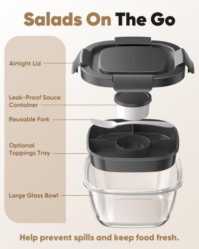 Canfanni Glass Salad Container, 56oz Bowl with Airtight Lids, Bento Box