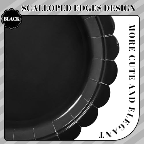 NatNarr 30 Pcs Black Paper Plates 9" Scalloped Halloween Dessert Cake Plate
