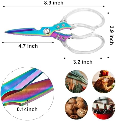 CGBE Kitchen Scissors, Multi-Purpose Kitchen Shears, Heavy Duty Food Scissors for Chicken, Poultry, Fish, Meat & Herbs with Non-Slip Grips (Transparent Colorful)