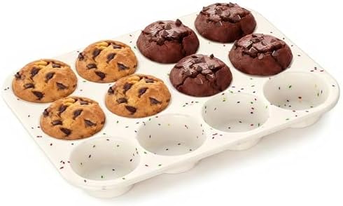 Silicone Muffin Pan for Baking: 12 Cup Muffin Pan with Metal Reinforced Frame, Regular Size Cupcake Egg Bites Molds for Baking, BPA Free Silicone Muffin Tray, Dishwasher Safe (1 Pack, White)