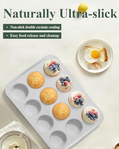 Nonstick Ceramic 12 Cup Muffin Pan, Cupcake Pan for Baking, Non-Toxic Muffin tin, Ceramic Coating, PTFE & PFOA Free, Oven Safe 550°F, Aluminized Steel (Pink)