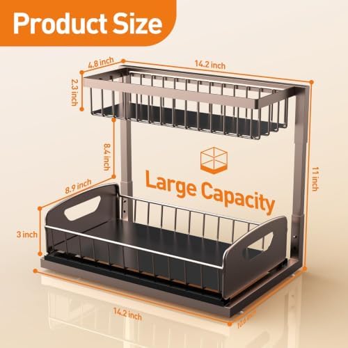 Under Kitchen Sink Organizer, Metal Pull Out Bathroom Organizers and Storage, 2-Tier Cabinet Organizer Shelf with Sliding Drawer, Home Organization for Kitchen, Laundry, Pantry, Brown, 2 pack