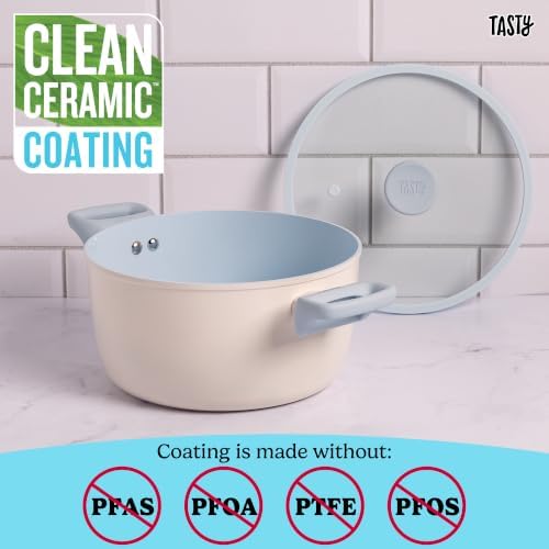 Tasty Ceramic Stock Pot with Glass Lid, Silicone Spoon, Healthy Nonstick Dutch Oven, Soup Pot, Casserole, Made without PFAS, PFOA, PFOS and PTFE, Dishwasher Safe, 5-Quart, 3-Piece Set, Blue