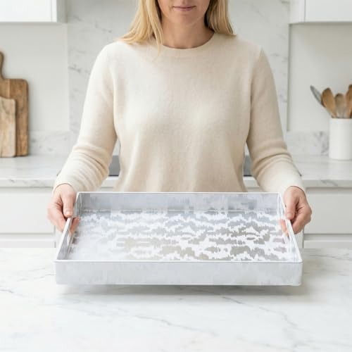White & Silver Glitter Abstract Serving Tray with Handles, 15.8”x11.7”x1.6” Rectangular Decor Tray – Multipurpose for Breakfast in Bed, Bathroom Vanity, Living Room & Entertaining