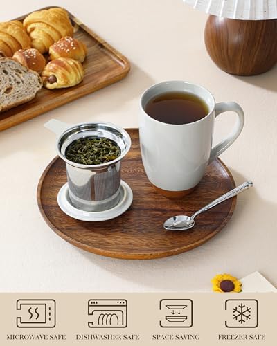 MALACASA Ceramic 18 oz Tea Mug with Lid and Infuser, Khaki Gray
