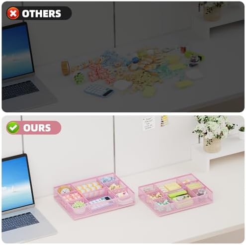 Marbrasse 2 Pack Desk Drawer Organizer, Mesh Drawer Organizer Tray with 8 Adjustable Compartments, Desk Organizers and Accessories, 5 Dividers Drawer for Office Supplies, Makeup & Vanity (Pink)