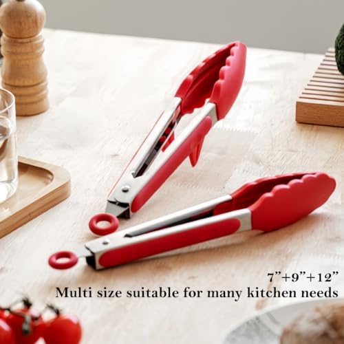 Kitchen Tongs for Cooking with Silicone Tips, 3 Size Serving Tongs, Red