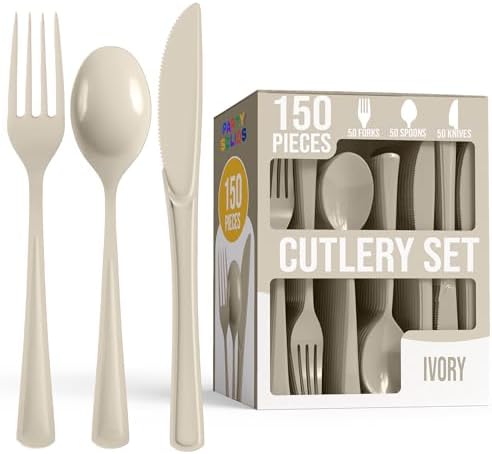 Party Solids Ivory Plastic Silverware 150 Pcs Ivory Cutlery Set