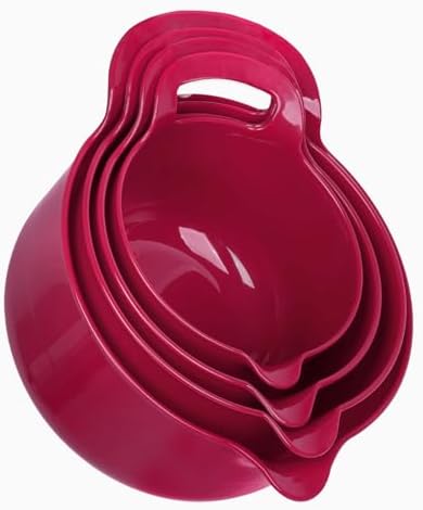 BoxedHome 4 Pack Nesting Mixing Bowl Set with Pour Spout and Handle, Non-Slip Bottom, BPA free Microwave & Dishwasher Safe(Deep Carmine)