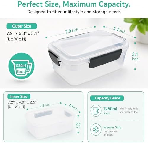 YORY 5cup Plastic Food Storage Containers With Lids For Lunch Meal Prep,5pk