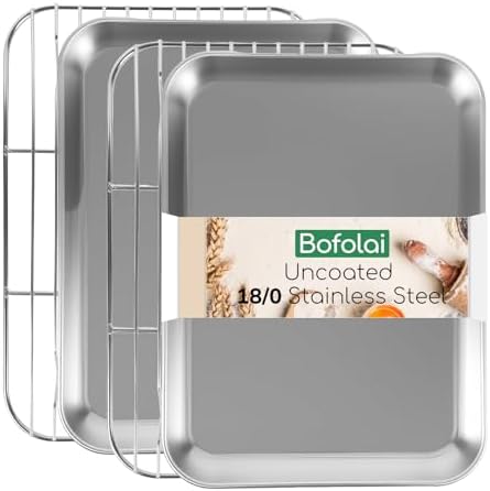 18/0 Stainless Steel Baking Sheet with Cooling Rack, Oven-Safe Non-Toxic Cookie Sheets for Baking, Set of 4, Coating Free & Rust Resistant for Healthy Family Baking, Easy to Clean, Heavy-Duty
