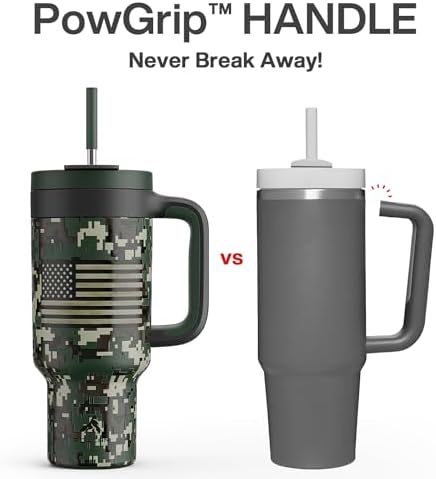 40 oz Camo Tumbler with Handle, 2-in-1 Straw and Sip Lid, Leakproof, Dishwasher Safe, Insulated Stainless Steel Travel Coffee Mug, Keeps Cold for 34 Hours, Fits in Car Cupholder (Woodland Flag)