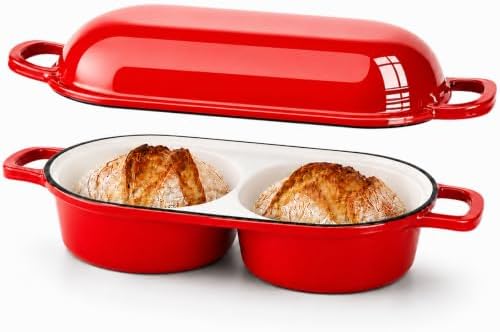 Double Dutch Oven for Sourdough Bread Baking,2.2QT Enameled Cast Iron Dutch Oven Pot with Lid,500°F Oven Safe Non Stick Bread Loaf Pan,Sourdough Baking Pan for Homemade Baking（red）