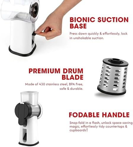 Rotary Cheese Grater Hand Crank with Foldable Handle, Three Blades