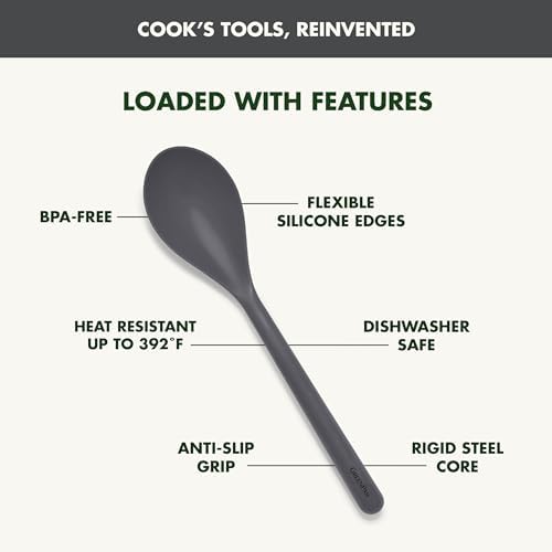 GreenPan Silicone Solid Spoon, Mixing Stirring Serving, Cooking Kitchen Utensil, Flexible Rubber Nonstick Cookware, Rigid Steel Core, Heat-Resistant, Anti-Slip Handle, BPA-Free, Dishwasher Safe, Gray