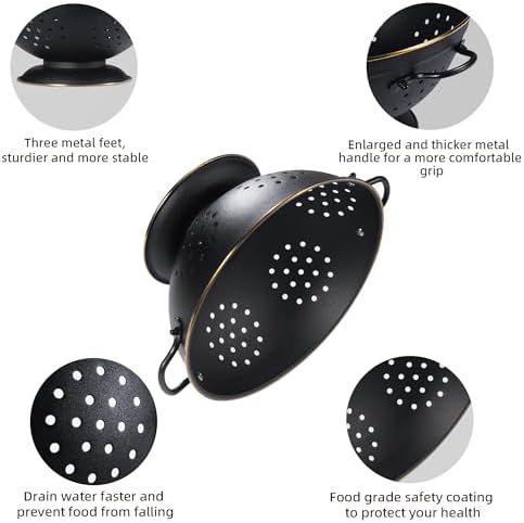 Metal Colander Set of 2, Strainer Basket with Handles perfect for Spaghetti, Pasta, Berry, Vegetable, Fruit, Solid Base Powder Coated Self-draining Kitchen Colander Bowel, 3.5 & 5 Qt, Matte Black