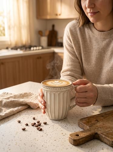 HASENSE Textured Coffee Mugs Set of 4, 16 Oz Ribbed Ceramic Cups with Large Handle for Latte Tea Cappuccino, Stackable Embossed Mugs for Everyday Use, Microwave & Dishwasher Safe, Creamy Beige
