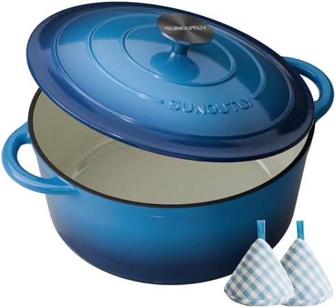 Enameled Cast Iron Dutch Oven - 6QT Pot with Lid & Cotton Potholders - Heavy-Duty Cookware for Braising, Stews, Roasting, Bread Baking, Oven Safe up to 500° F & Across All Cooktops, Navy Blue