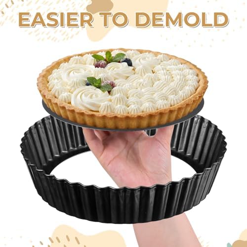 3 Pack 9.5 Inch Tart Pan with Removable Bottom, Non Stick Durable Carbon Steel Deep Quiche Tart Pan Fluted Pie Pan for Pot Oven Pies Cheesecakes Desserts