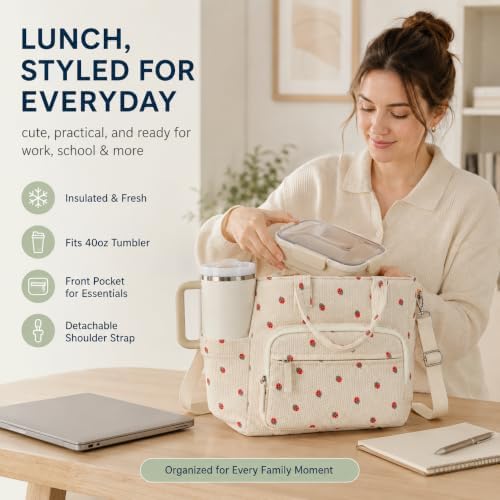 Bluboon Insulated Lunch Box for Work with Cup Holder, Corduroy Lunch Tote