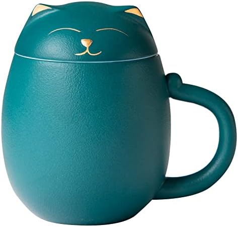 HEER Cat Ceramic Tea Mug 13.5oz with Infuser and Lid, Green