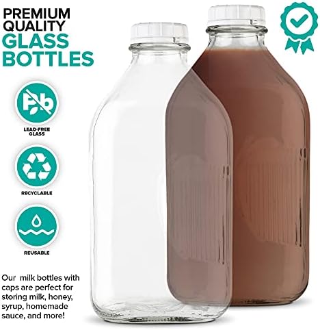 Stock Your Home Half Gallon Glass Milk Bottle with Lid (4 Pack) 64 Oz Jugs and 8 White Caps, Reusable Food Grade Milk Container for Refrigerator, Bottles for Juice, Oat or Plant Milks, Water, Honey