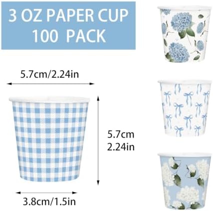 RUSPEPA 3oz Floral Paper Cups, 100 Pack Blue White Plaid, Bow and Hydrangea Design Disposable Small Party Cups for Bathroom, Mouthwash, Espresso, Wedding, Bridal Shower, Garden Tea Party Supplies
