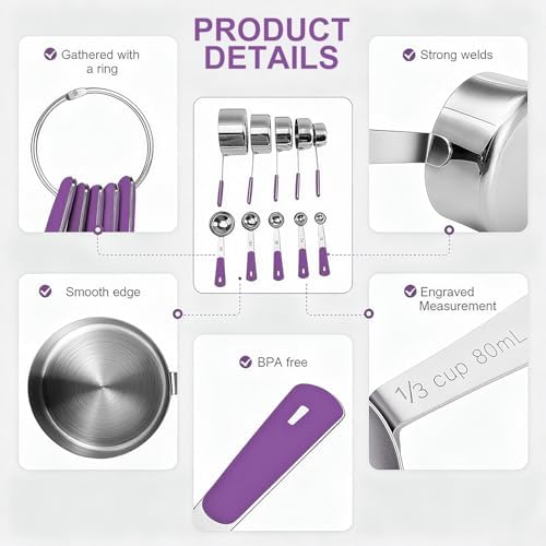 Bopei 10-Pcs Stainless Steel Measuring Cups & Spoons Set, Purple Handles