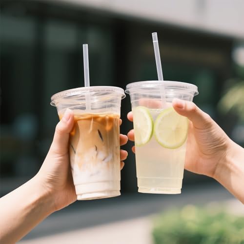 Ginkgo 100 Pack 24oz Clear Plastic Cups with Lids and Straws