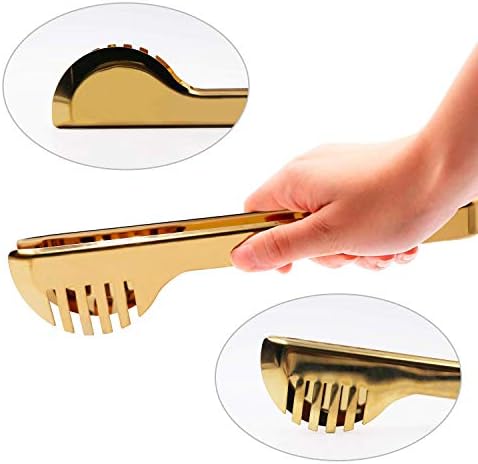 2-Pack Stainless Steel Gold Salad Tongs, Non-slip & Easy Grip Smart Locking Clip Handy Utensil for Cooking, Serving, Barbecue, Buffet, Salad, Ice, Oven (9.5 Inch)