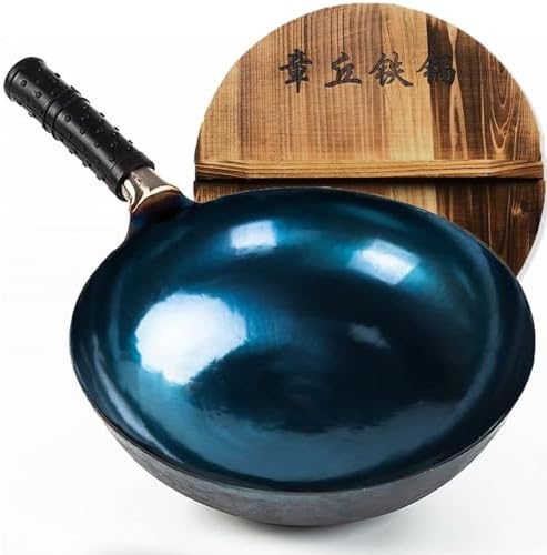 14-Inch Carbon Steel Wok, Round Bottom Traditional Chinese Wok with Rubber Handle and Wooden Lid, Uncoated Non-Stick Wok for Gas Stoves, Home Cooking, Camping, and as a Gift