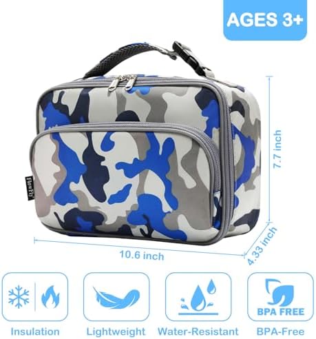 FlowFly Kids Lunch box Insulated Soft Bag Mini Cooler Back to School Thermal Meal Tote Kit for Girls, Boys,Blue Camo